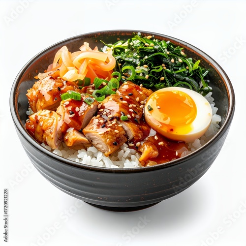 Delectable teriyaki chicken rice bowl with toppings isolated on white backdrop