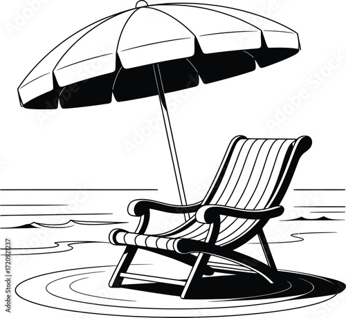 Vector Illustration of a Beach Umbrella and Lounge Chair by the Water, Emphasizing Vacation, Relaxation, and Summer Leisure in Vector Style.