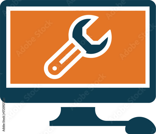 Computer repair service icon with wrench and computer screen for technical support and it maintenance vector