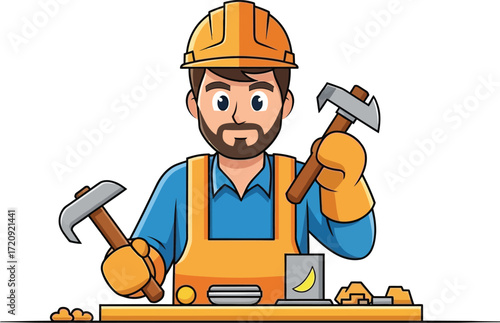 A cartoon construction worker with a beard holding two hammers and working on a metal object