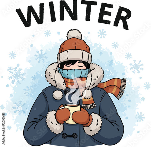 A person bundled up in winter clothes holding a hot drink with the word winter above them