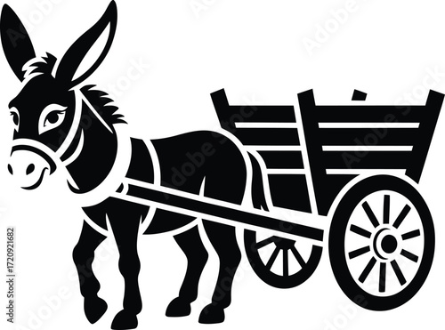 Vector Illustration of a Donkey posing a Wooden Cart in Vintage Style, Emphasizing Rural Transport and Classic Farming Scene in Vector Art.