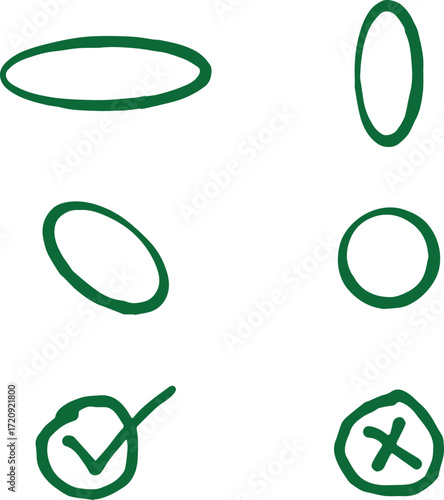 set of vector icons, check mark in a box arrow, crows, line, stars, oval, squared, serial, white background