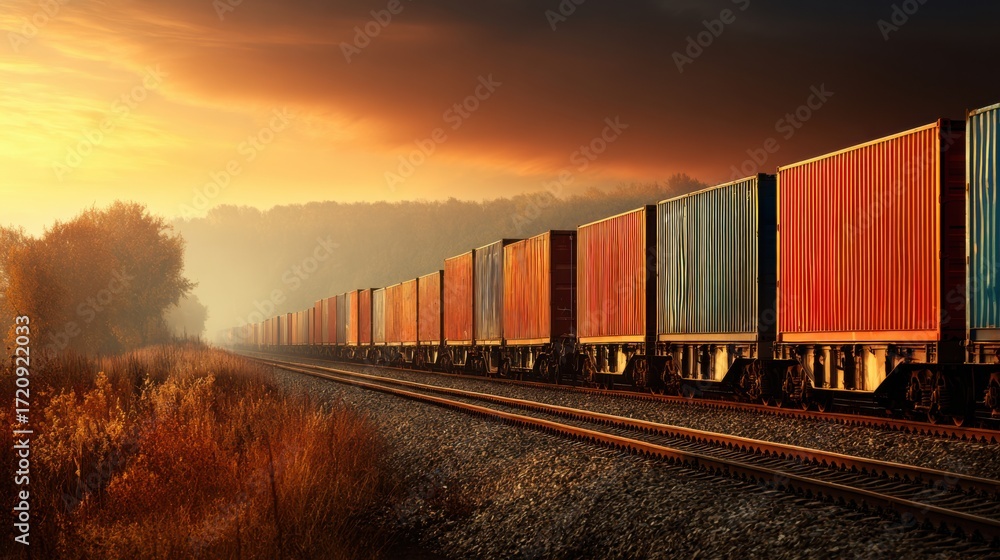 Fototapeta premium Freight Train Transporting Colorful Cargo Containers at Sunset Over a Scenic Landscape