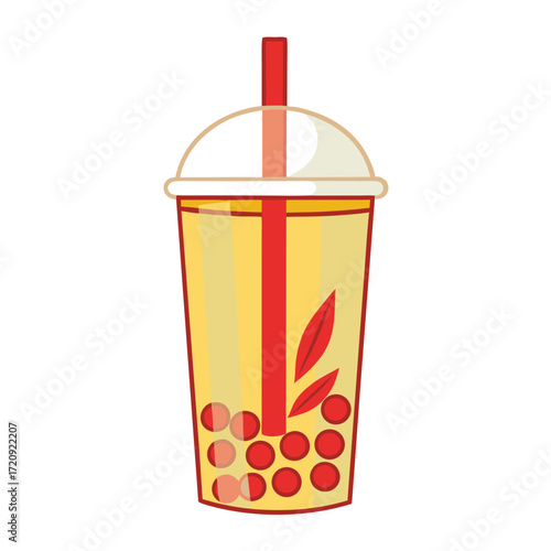 Yellow drink with red pearls and straw beverage