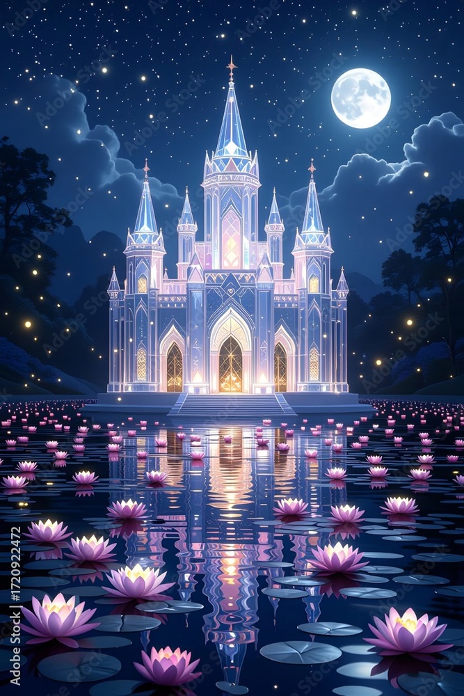 Fototapeta premium Magical Crystal Castle Reflected in a Lotus Pond at Night