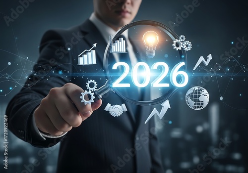 Businessman looking at 2026 with futuristic business icons and charts