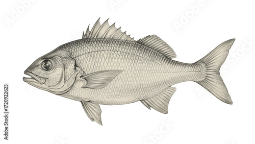 Vintage engraved illustration of a bream style fish with fins and scales isolated on white background, detailed hand-drawn marine life artwork
