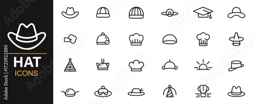 Hat symbols set editable stroke vector pack uniform and fashion headwear