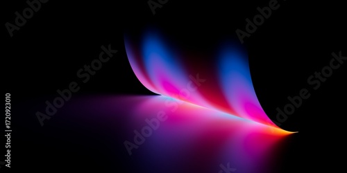 Soft neon gradient with blue and pink light streaks curving on black background, futuristic abstract stock image perfect for modern digital design.