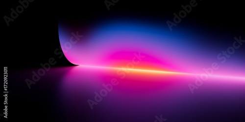 Soft neon gradient with blue and pink light streaks curving on black background, futuristic abstract stock image perfect for modern digital design.