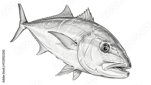 Highly detailed realistic illustration of a tuna fish with fins and scales isolated on white background, hand drawn black and white marine animal artwork for fishing, seafood industry, 