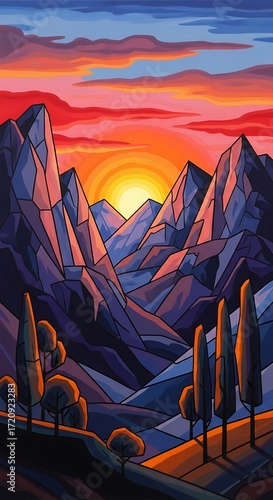 A vibrant depiction of a mountainous landscape at sunrise, showcasing a stylized composition with bold colors and geometric shapes, creating a serene and majestic atmosphere.