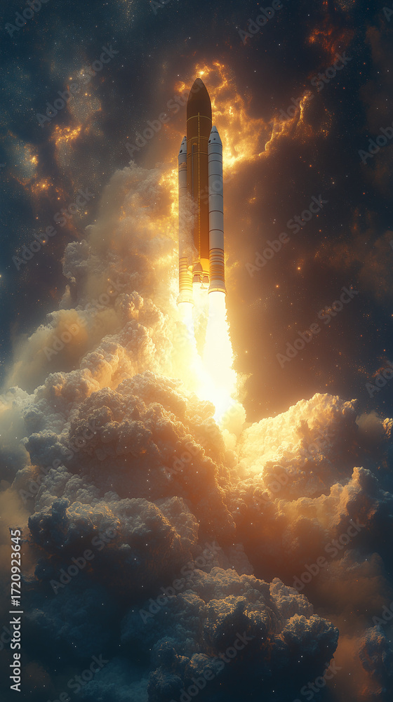 Obraz premium A large rocket launches, engines roaring with bright fire, pushing through thick smoke and glowing clouds into the starry night.