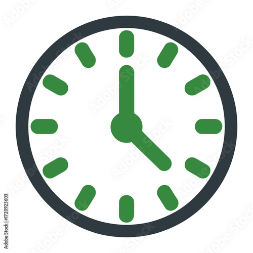 Illustration of a green clock with a dark gray border, , symbolizing time, deadlines, scheduling, and punctuality