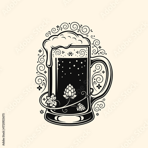 Ornate illustration of a beer mug filled with dark beer, adorned with hops and swirls.