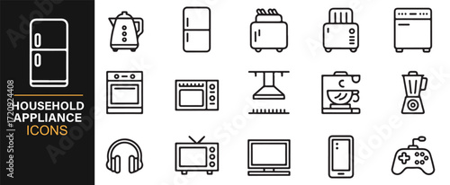 Editable stroke household appliance icons vector set kitchen electronics pack