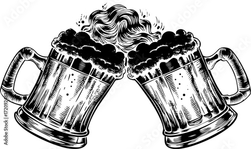 mug of beer and mug glass of beer vector,  tow glass together, enjoy your festival solid background