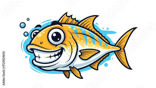 Colorful cartoon illustration of a happy smiling yellow fish with big eyes and bubbles, playful comic style marine animal character isolated on white background for children’s design, mascot