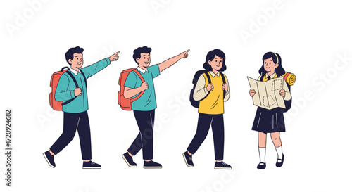 A group of diverse young travelers with backpacks are exploring a new destination together.