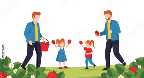 Two fathers and their two daughters happily pick strawberries in a field on a sunny day.