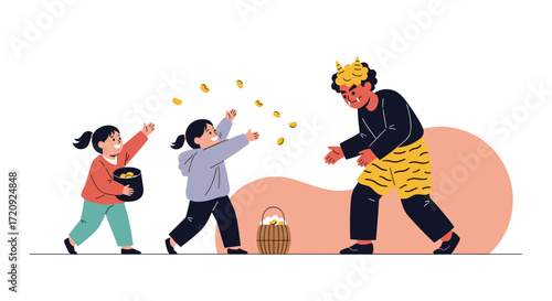 Children playfully throw beans at a demon during a festival ritual.