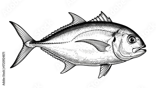 Highly detailed black and white vector illustration of a jack fish isolated on white background, realistic hand drawn marine animal artwork perfect for fishing, seafood, ocean life