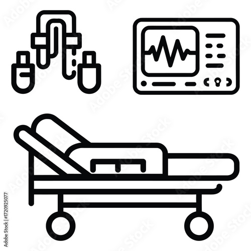 Medical equipment icon set illustration of bed, ventilator, and heart monitor for healthcare use