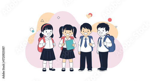 A diverse group of four young students stand together carrying their backpacks and books ready for a day of learning.