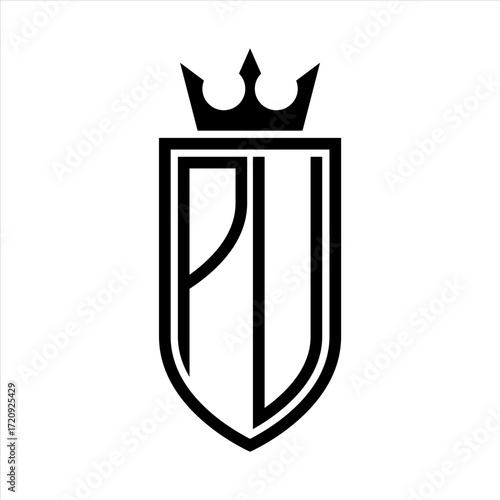 PU Vector logo of initials shield with crown and minimalist, elegant style