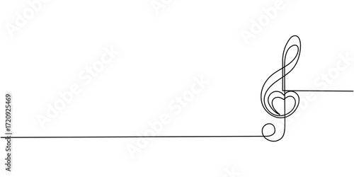 Abstract note as continuous lines drawing on white background. Vector, Continuous one line drawing. Heart and music note, Treble clef continuous one line drawing, Music sign in simple linear style.