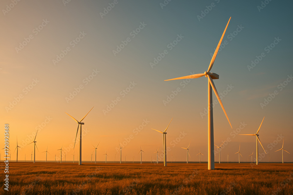 Fototapeta premium Wind Turbines: A majestic view of wind turbines standing tall against the backdrop of a vibrant, warm sunset, symbolizing sustainable energy and technological advancement.