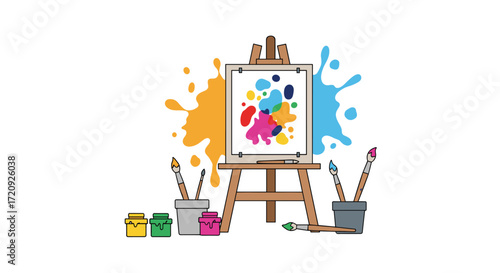 Colorful abstract painting on an easel with art supplies in the studio setting.