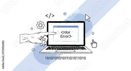 A hand pointing at a laptop screen displaying an error message, surrounded by coding symbols and binary code, representing a programming or technical issue.