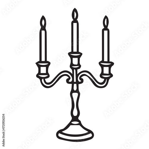 Vector drawing of a candle holder on a dining table, in black and white style with bold black outlines, conveying elegance, simplicity, and vintage charm.