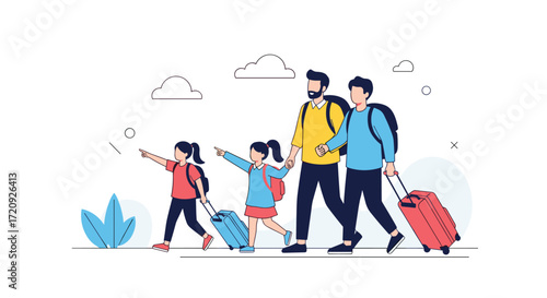 A happy family with luggage enjoys a summer vacation trip together outdoors.
