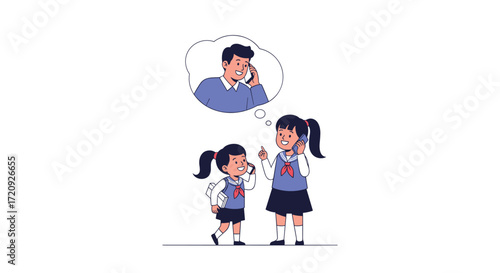 Two young girls in school uniforms discuss their father talking on the phone.