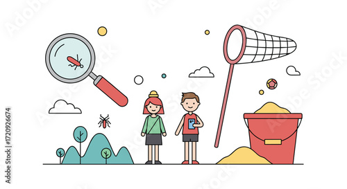 Children exploring nature and insects with magnifying glass and net.