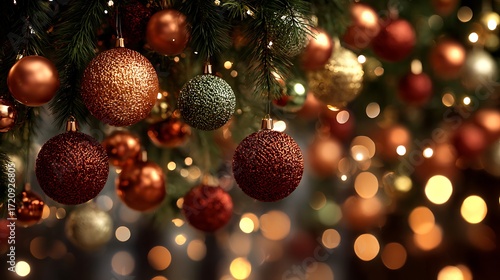 Christmas tree full of radiant lights and decorated with metallic copper red and green spheres empty background