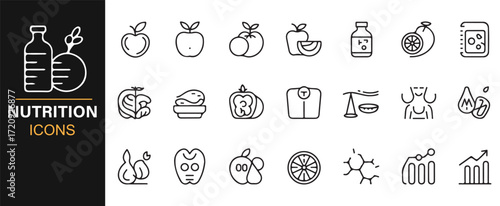 Editable stroke nutrition icons vector set healthy food and diet symbols