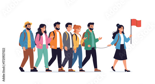 A diverse group of young adults follows a female leader holding a red flag on a white background.
