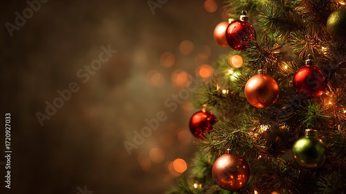 Holiday themed Christmas tree glowing with warm lights and shiny copper red and green baubles simple backdrop