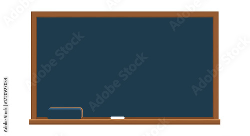 A clean blackboard with a chalk piece and an eraser positioned on its wooden frame.