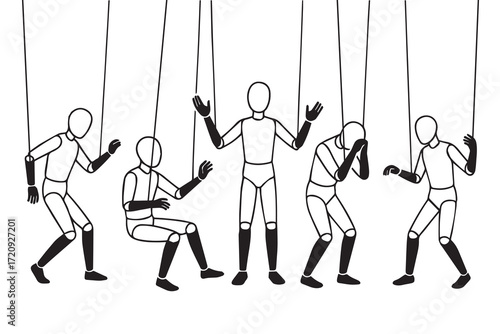 Vector illustration of a marionette puppet, rendered in black and white, emphasized with bold black outlines, ideal for theatrical or creative design projects.