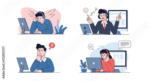 A collection of illustrations depicting customer service agents experiencing various emotions and scenarios while working on their computers and handling calls.