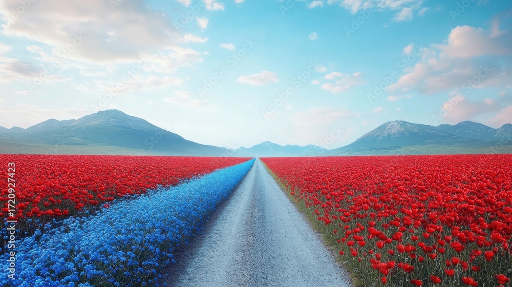Naklejka premium the road surrounded by colorful flowers, path in the field