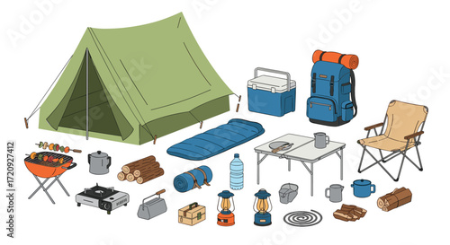Essential camping gear for your next outdoor adventure including a tent sleeping bag and campfire cooking equipment.