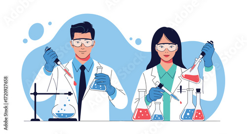 Scientists conduct research and experiments in a modern laboratory setting using specialized equipment and colorful liquids.