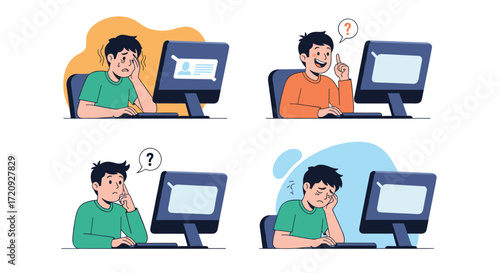 A student experiences various emotions while studying and working on a computer.