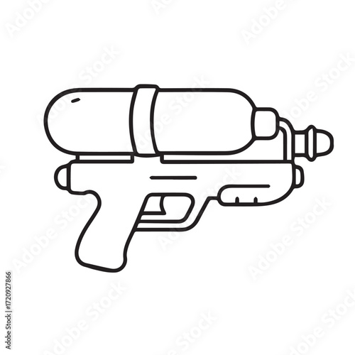 Minimalist black and white vector artwork of a toy water gun, outlined strongly, ideal for children’s illustrations, playful designs, and fun creative projects.
